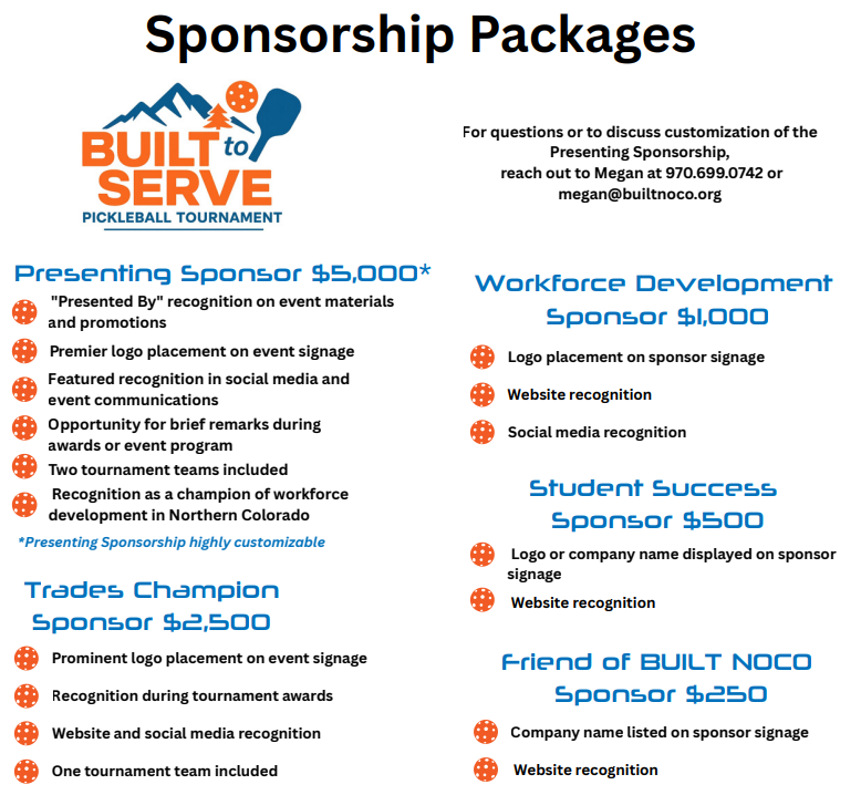 BUILT to Serve pickleball tournament sponsorship packages